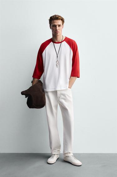 T-SHIRT COLOR BLOCK - Blanc / Rouge de Zara