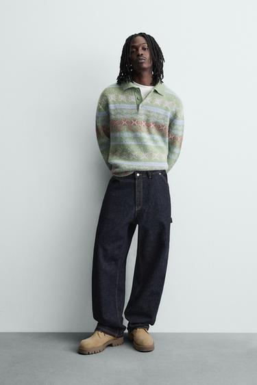 GEOMETRIC TEXTURED JACQUARD KNIT POLO SHIRT - Light green by Zara
