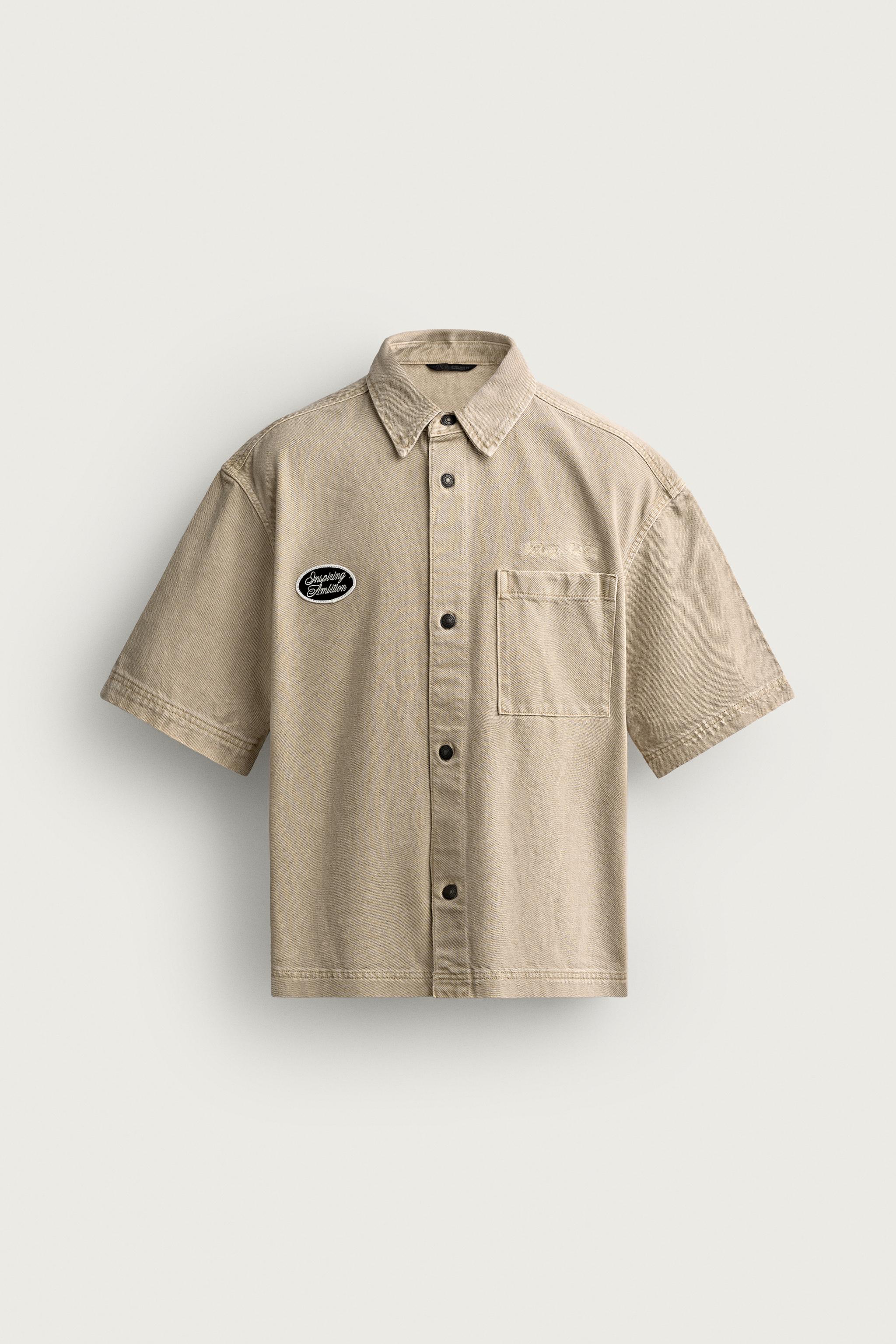 EMBROIDERED PATCH BOXY FIT OVERSHIRT — taupe brown