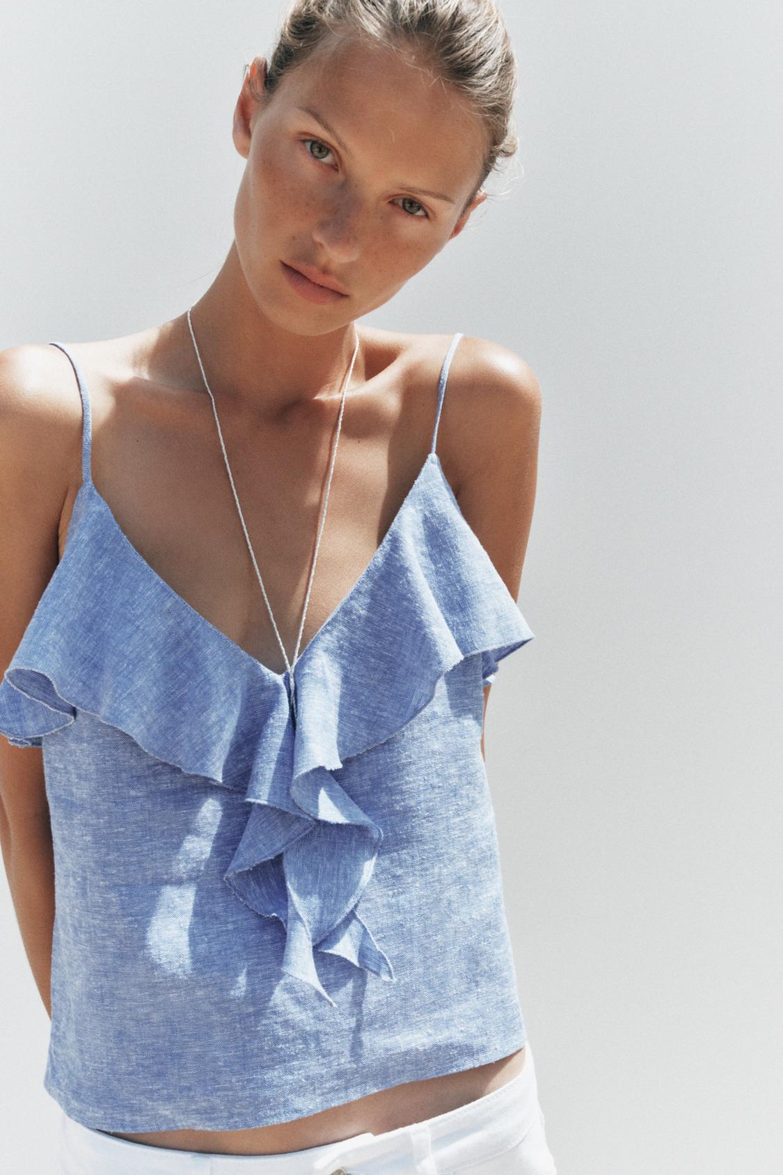 LINEN RUFFLED STRAPPY TOP