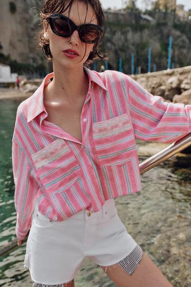 STRIPED LACE SHORT SHIRT - Pinks by Zara