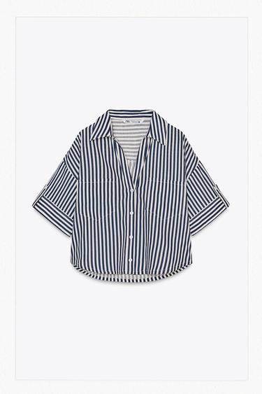 CROPPED-HEMD MIT LEINEN - Weiß / Blau von Zara