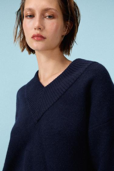 PLAIN KNIT V-NECK SWEATER - Navy blue by Zara