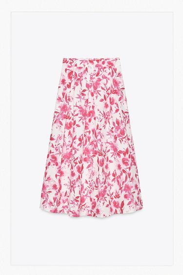 FALDA CAPA MIDI POPELÍN - Rosa / Blanco de Zara