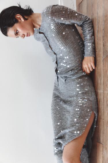 CHAQUETA PUNTO LENTEJUELAS - Gris vigoré de Zara - Imagen 0