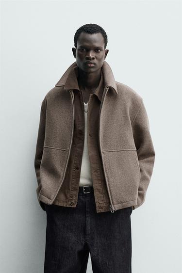 Zara HERRINGBONE TEXTURED ZIP JACKET - Sand