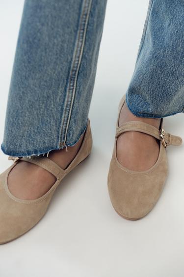 SUEDE STRAP BALLET FLATS - Sand Brown by Zara - Image 0