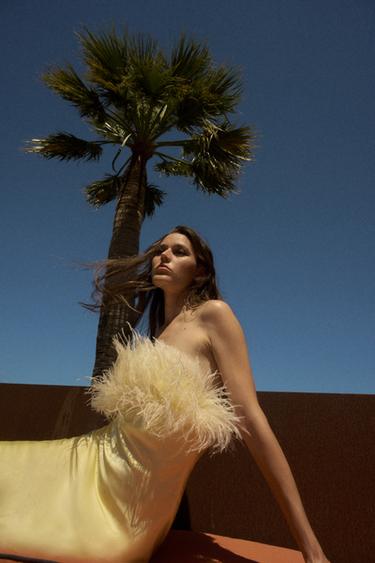 ROBE MIDI SATINÉE PLUMES - Vert de Zara - Image 1
