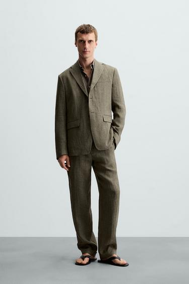 100% LINEN SUIT BLAZER - Dark khaki by Zara - Image 0
