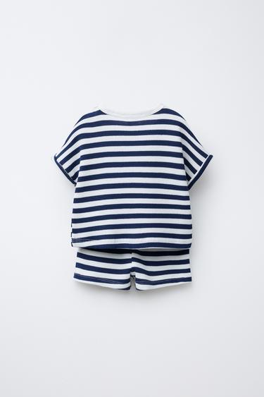 STRIPED WAFFLE T-SHIRT AND BERMUDA SHORTS SET - Navy blue by Zara - Image 1