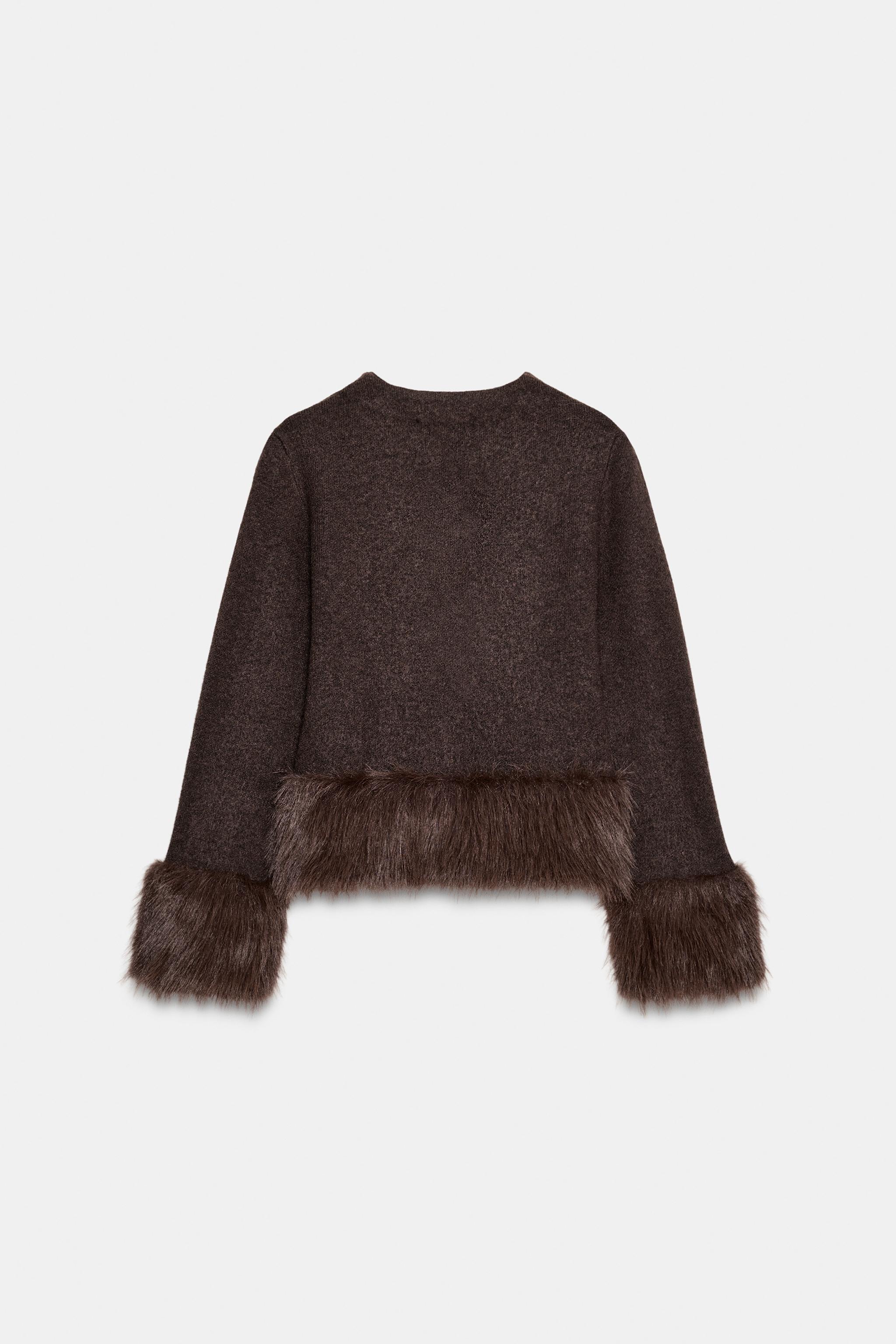 FAUX FUR TRIM KNIT CARDIGAN
