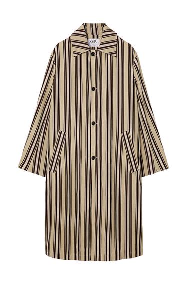 Front view of a beige and brown vertical striped coat with side pockets and button fastening.