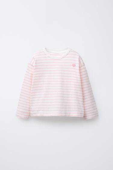 Zara STRIPED T-SHIRT WITH EMBROIDERED HEART - Pink