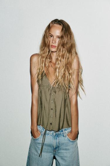 TOP I FLYDENDE STOF MED STROPPER - mellem kaki fra Zara