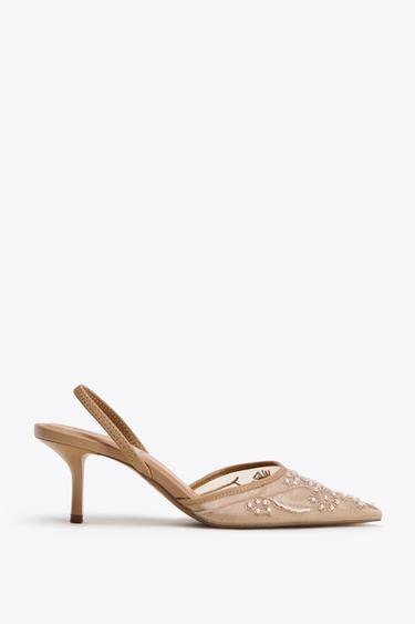CHAUSSURES OUVERTES À L'ARRIÈRE EN MESH BRODÉ - Marron de Zara