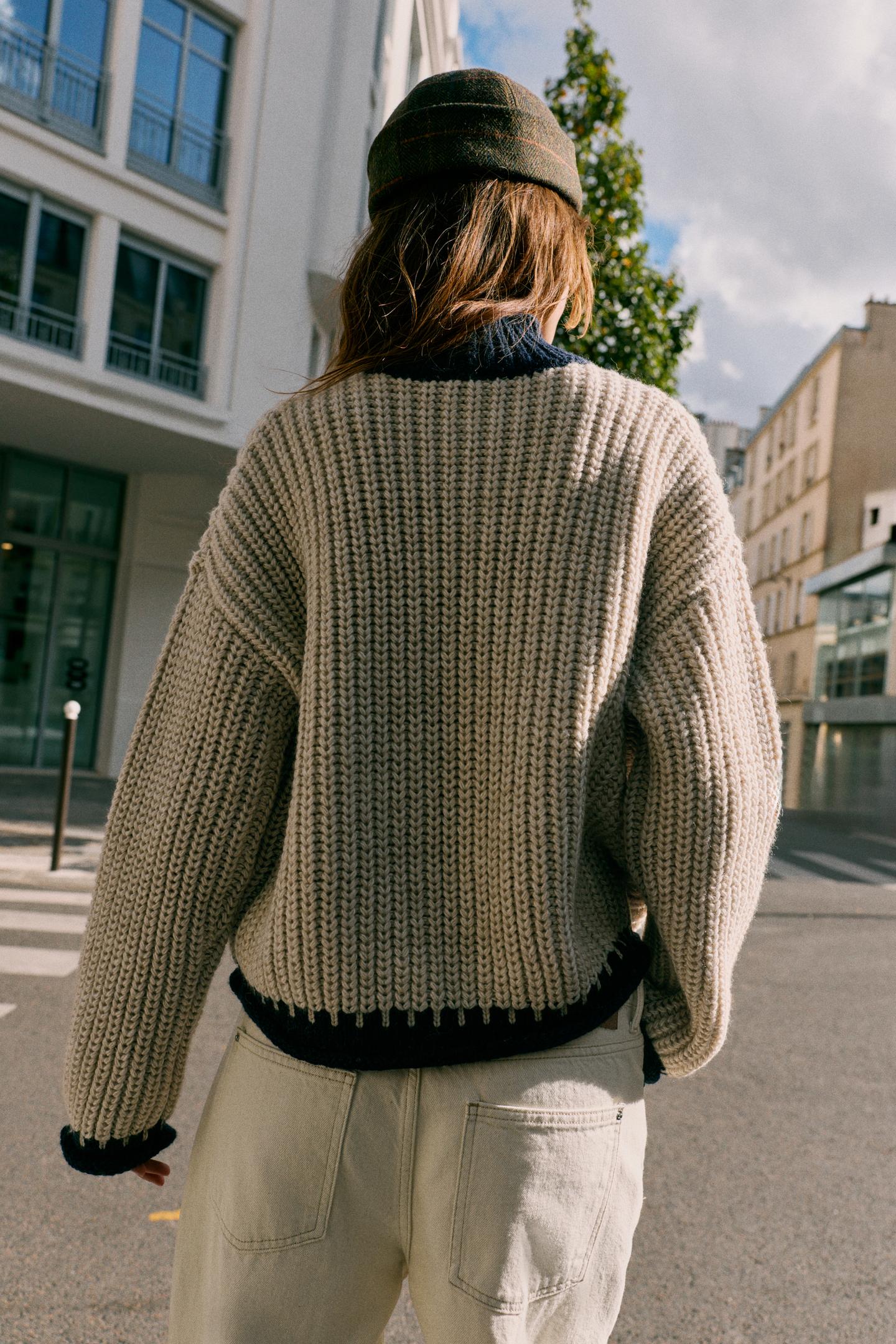 Женский кардиган Zara Contrast Trim, цвет: Светлый верблюжий — фото 4