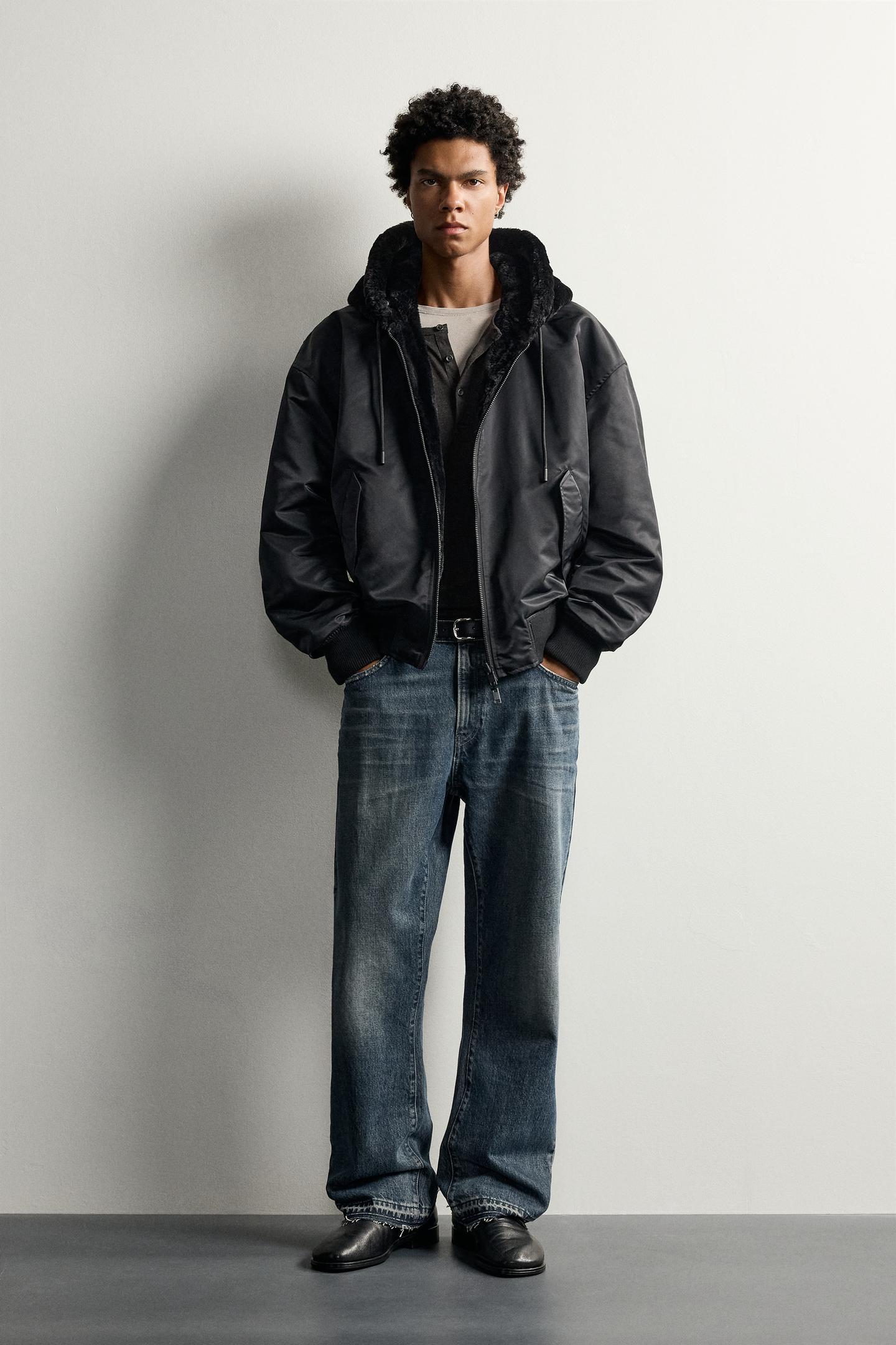 Мужская куртка Zara Reversible Faux Fur Effect Bomber, цвет: Чёрный