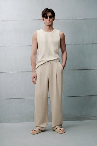 Zara 100% 亞麻細褶長褲 - 淺米色 - 圖片 0