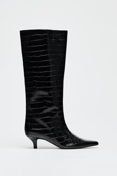 Zara MOCK CROC KITTEN HEEL BOOT - Black - Image 0