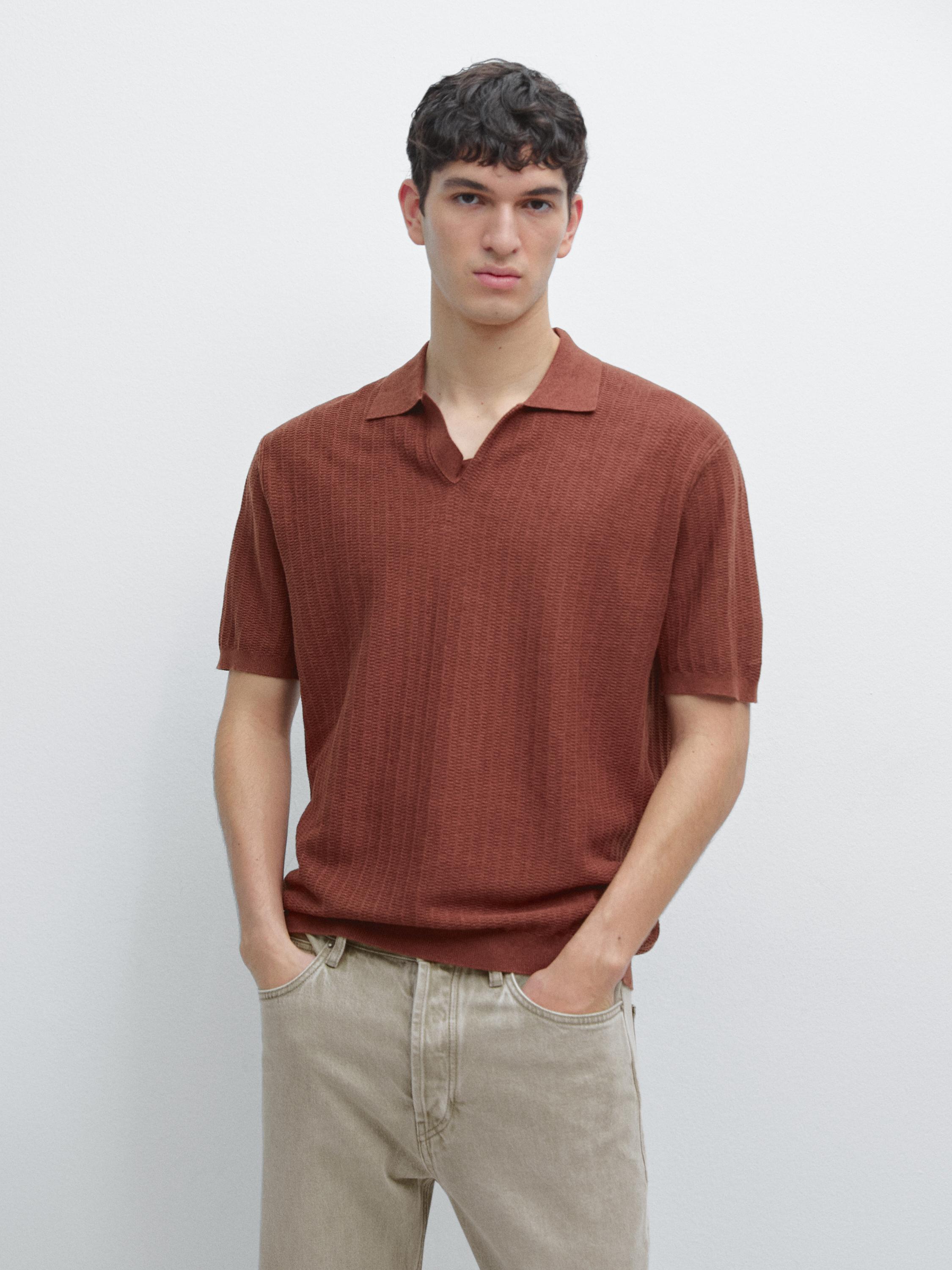 Short sleeve cotton and linen blend knit polo shirt