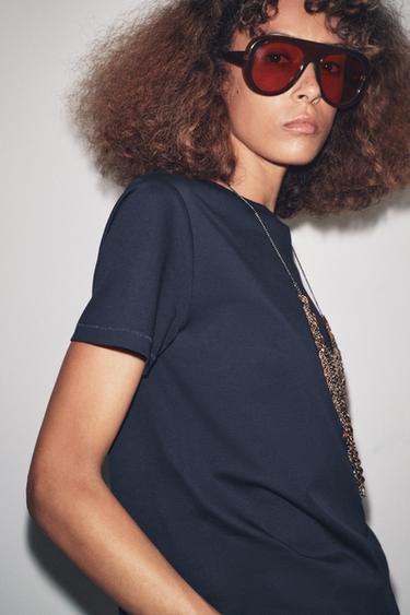 Zara MERCERIZED COTTON T-SHIRT - Navy blue