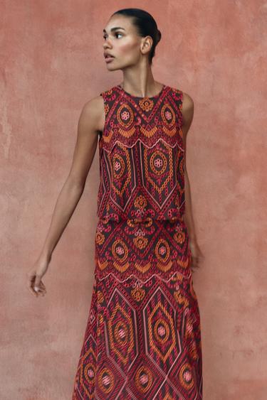 JUPE MI-LONGUE À BRODERIES PERFORÉES - Multicolore de Zara