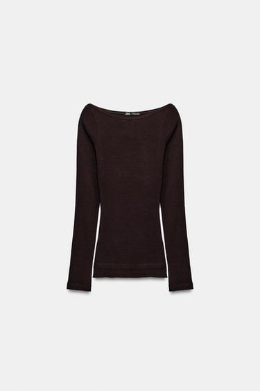 Zara BOAT NECK T-SHIRT - Brown
