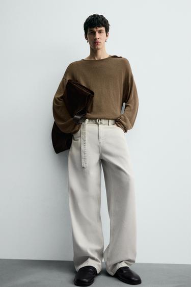 JEAN COUPE DÉCONTRACTÉE CEINTURE - Vert gris de Zara - Image 4