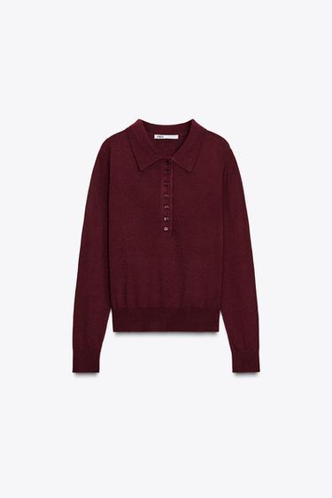 PLAIN KNIT POLO SHIRT - Burgundy by Zara