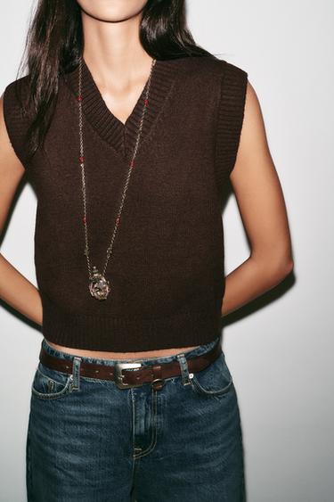 PULL SANS MANCHES EN MAILLE UNIE - Marron foncé de Zara - Image 3