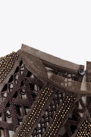 TOP CROCHET ABALORIOS ZW COLLECTION - Marrón de Zara
