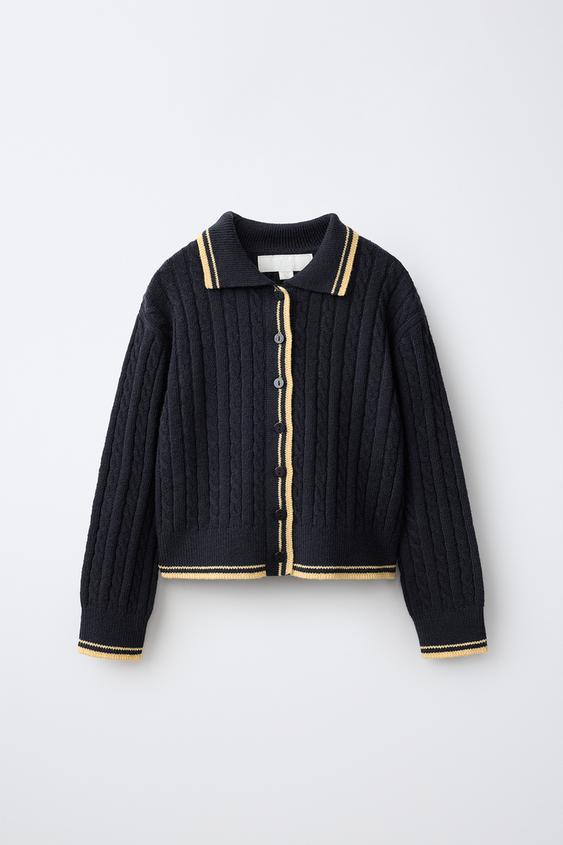 Zara CABLE-KNIT VARSITY CARDIGAN - Dark navy - Image 0