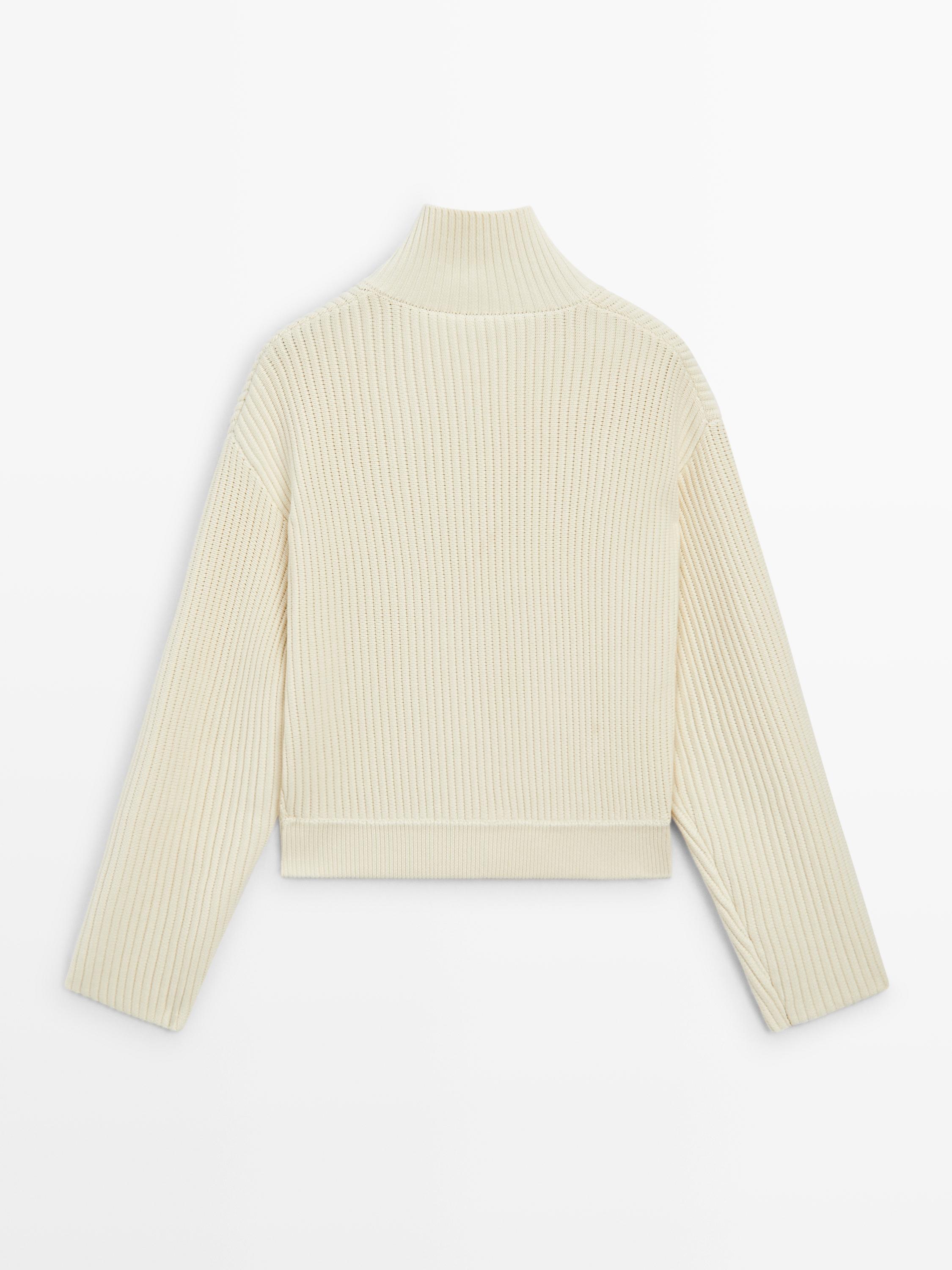 Cotton high neck knit cardigan