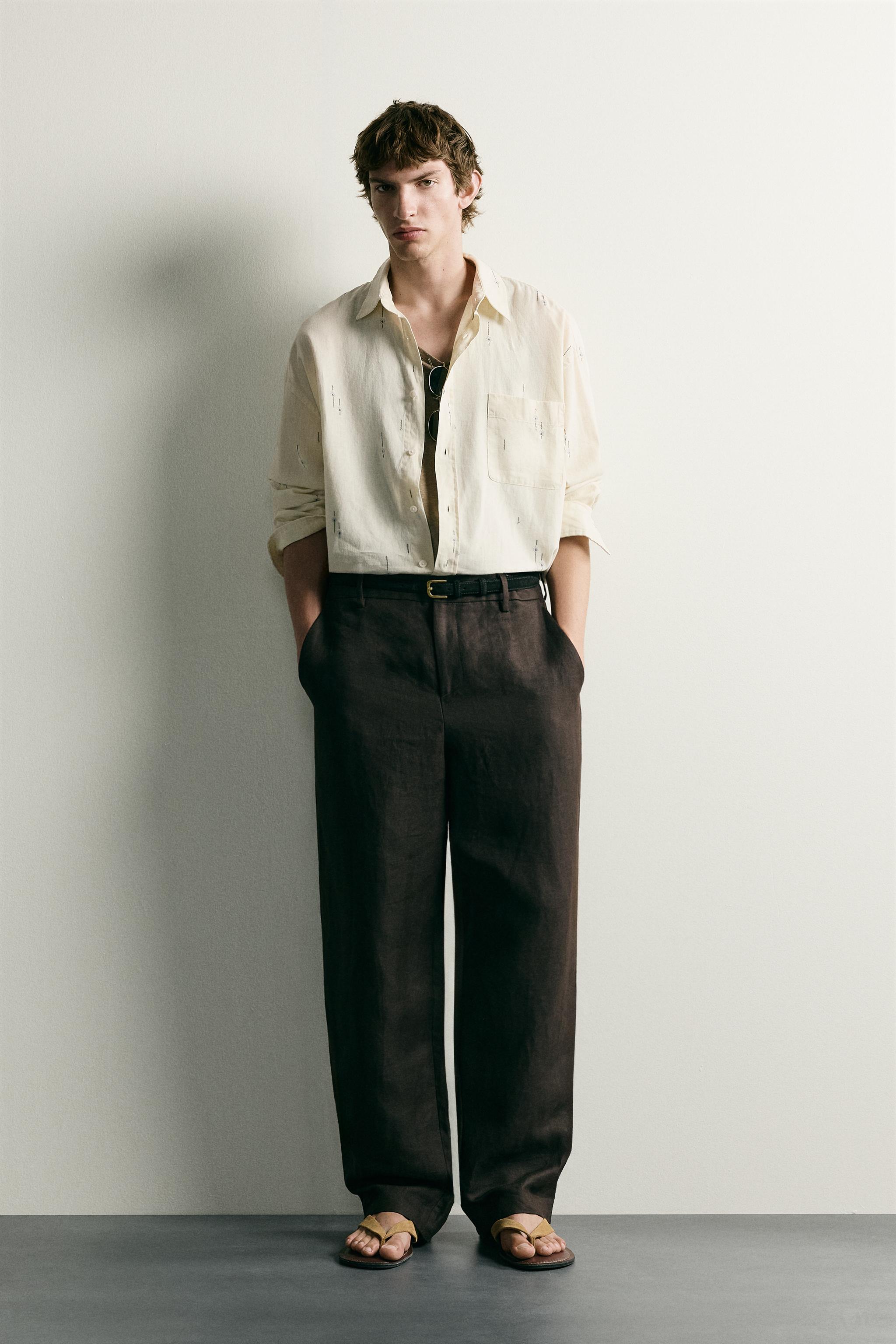 Zara NAKIŞLI PAMUKLU KETEN RELAXED FIT GÖMLEK