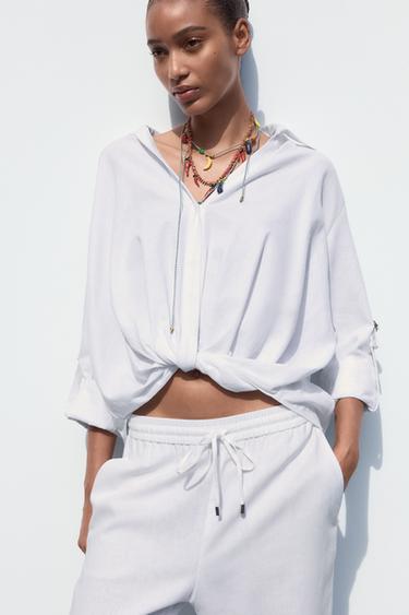 Zara KNOTTED LINEN BLEND SHIRT - White