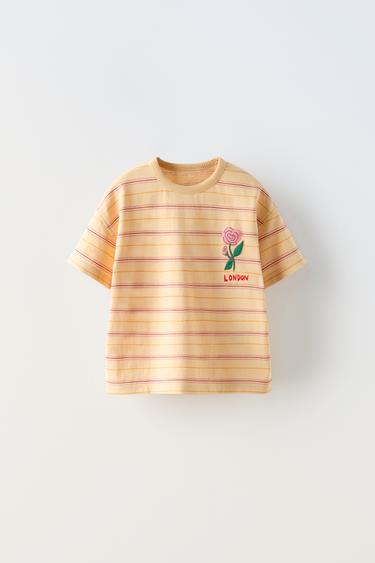 STRIPED EMBROIDERED T-SHIRT - Beige by Zara