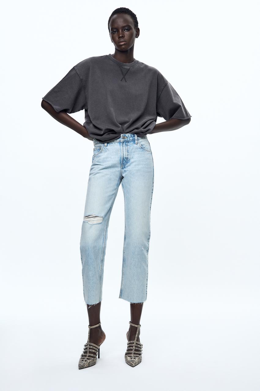 HIGH-RISE RIPPED WIDE-LEG TRF JEANS - Light blue