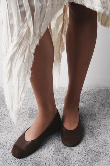 LEATHER BALLERINAS - Brown by Zara - Image 1