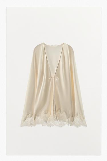 Zaras GLÄTTAD SKJORTA MED SPETS OCH KNYTNING - Naturfärg