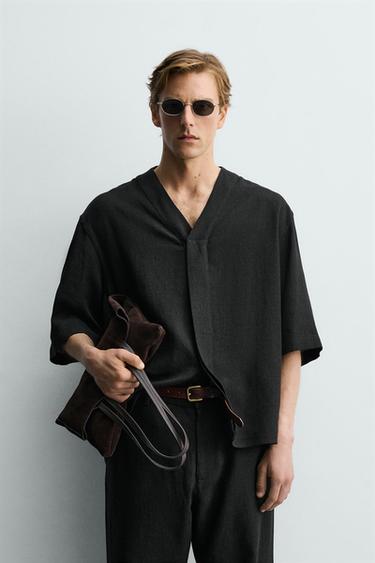 Zara RELAXED FIT VISCOSE-HEMP SHIRT - Black
