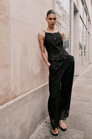 Zara EMBROIDERED HEM CULOTTES - Black