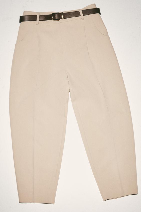 CALÇA CROPPED COM CINTO - Camel-claro da Zara - Imagem 0