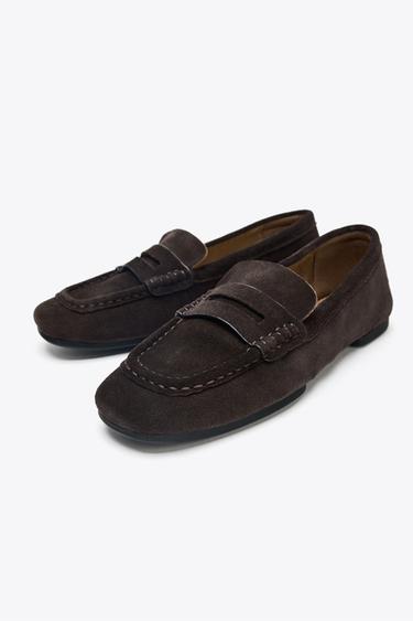 Zara SPLIT LEATHER LOAFERS - Chocolate Brown