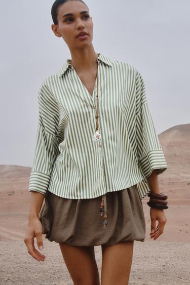 STRIPED SHIRT WITH TURN-UP SLEEVES - Green stripe by Zara