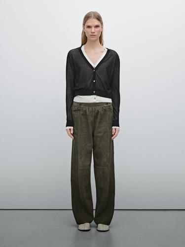 Zara Suede leather trousers with linen detail - Khaki