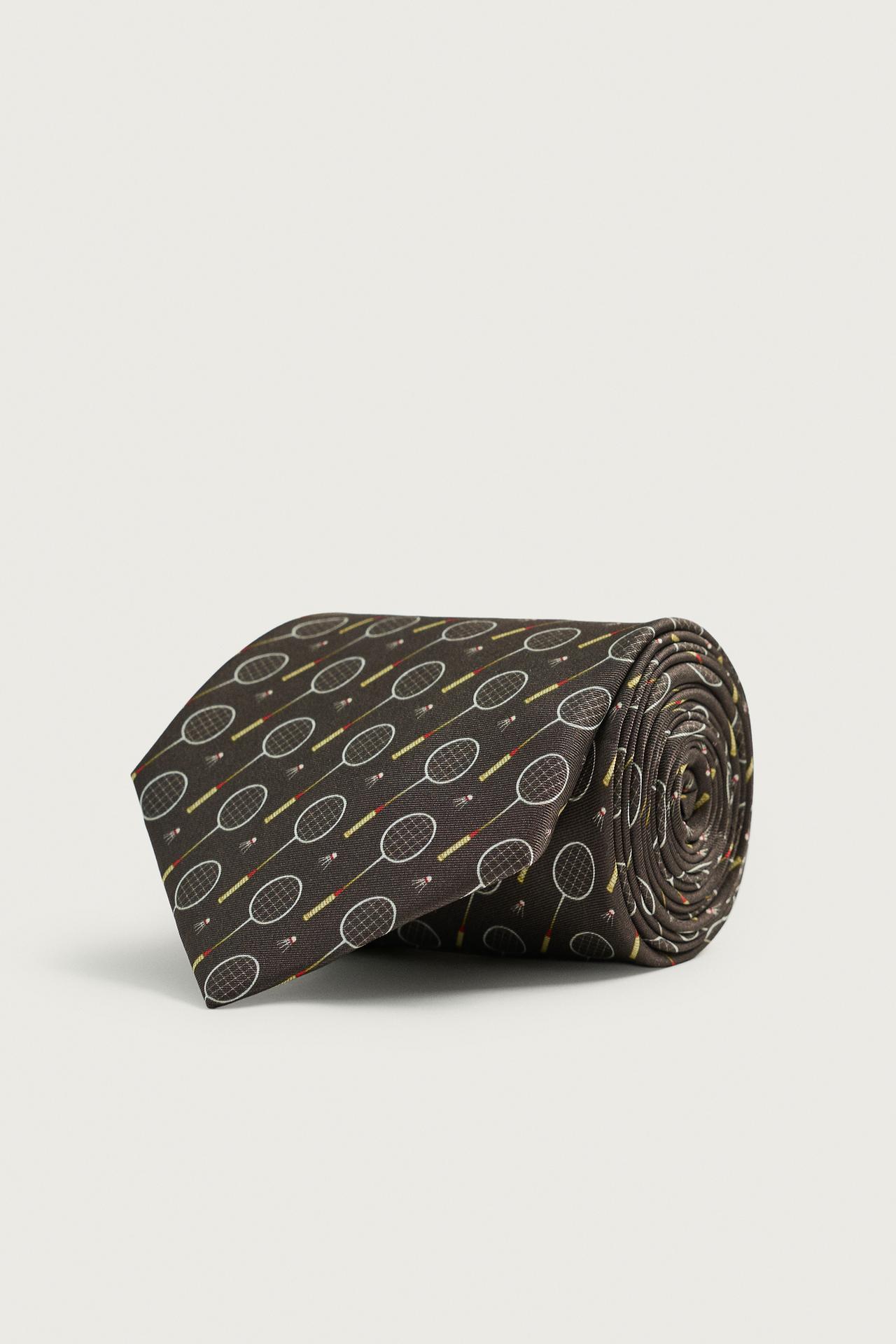 100% SILK JACQUARD RACQUET TIE — Brown