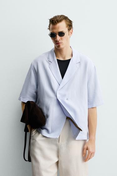 Zara 人造絲亞麻外套 - 天藍色