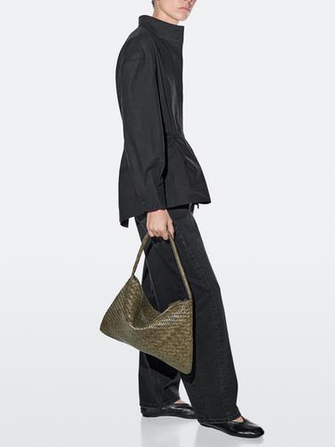 Zara Mid-sized braided leather shoulder bag - Khaki - Image 0