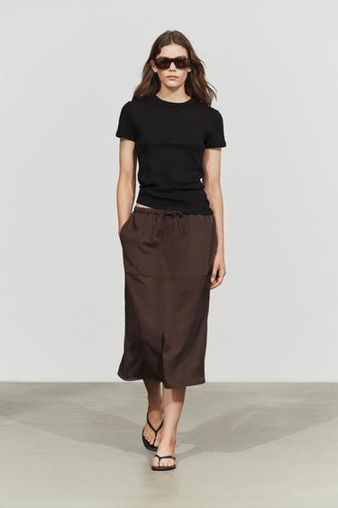 Flowing midi skirt with drawstring — Brown 1