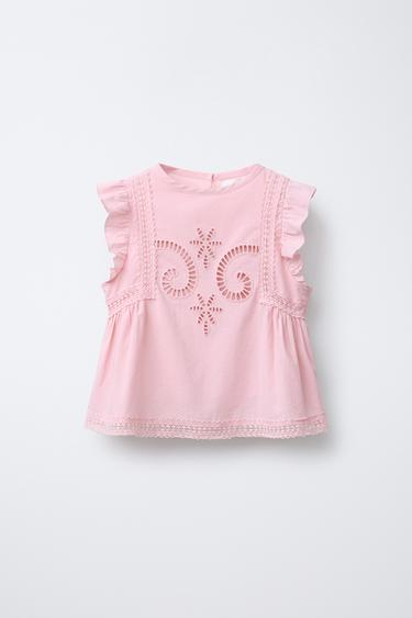 Zara LACE EMBROIDERED SHIRT - Pastel pink